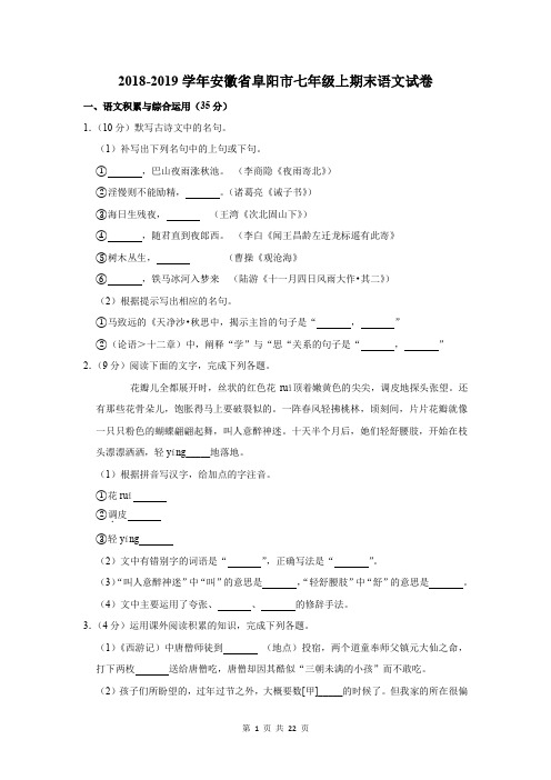 2018-2019学年安徽省阜阳市七年级上期末语文试卷及答案解析