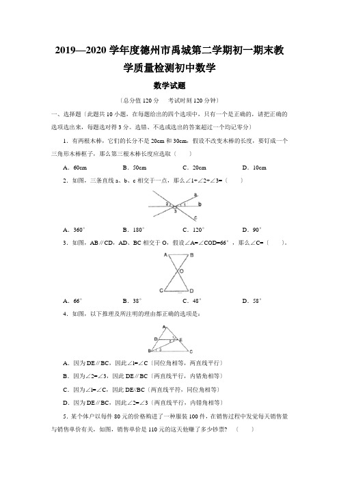 2019—2020学年度德州市禹城第二学期初一期末教学质量检测初中数学