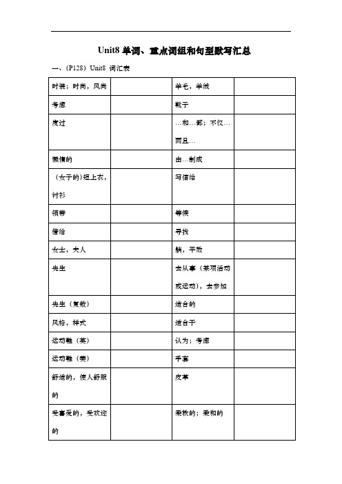 牛津译林版七年级英语上册Unit8单词、重点词组和句型默写汇总