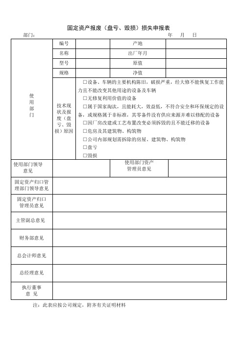 固定资产报废(盘亏、毁损)损失申报表