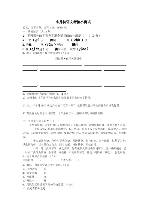 最新小升初语文衔接小测试