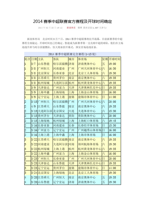 2014赛季中超联赛官方赛程及开球时间确定