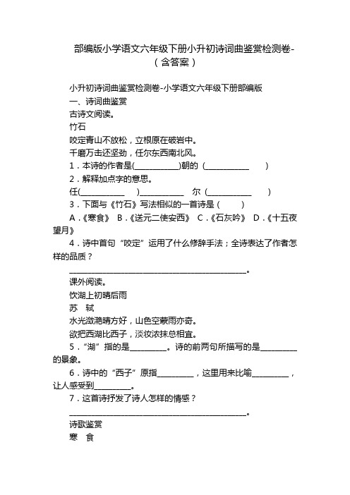 部编版小学语文六年级下册小升初诗词曲鉴赏检测卷-(含答案)_3