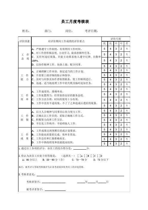 优秀员工评比考核表