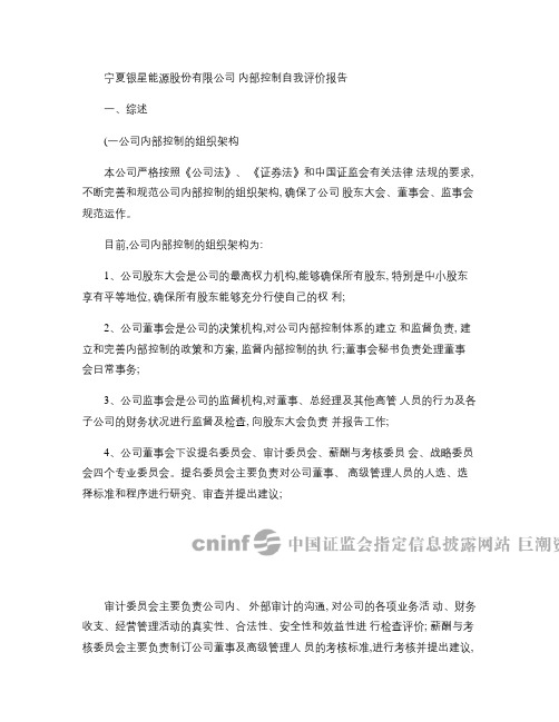 宁夏银星能源股份有限公司内部控制自我评价报告(精)