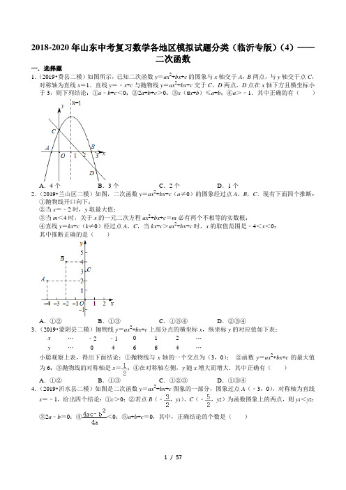 2018-2020年山东中考复习数学各地区模拟试题分类(临沂专版)(4)——二次函数(含解析)