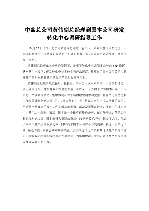 总公司黄伟副总经理到中盐国本研发转化中心调研指导工作
