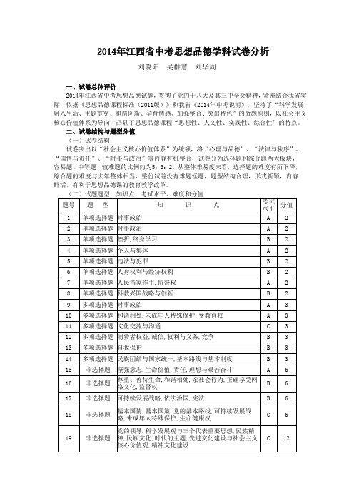 2014年江西省中考思想品德学科试卷分