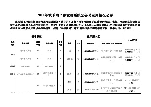 年秋季南平市党群系统公务员录用情况公示 考试大