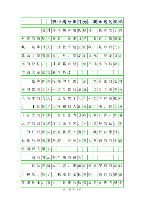 2019年初中满分作文范文-那目光,我永远的记忆