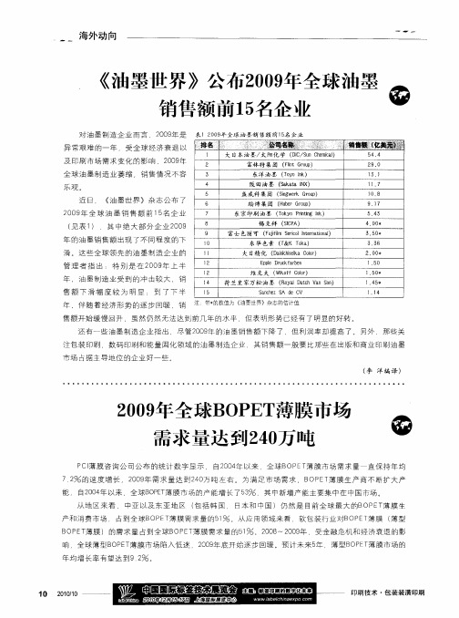《油墨世界》公布2009年全球油墨销售额前15名企业