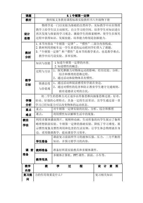 人教版八年级下册8.1牛顿第一定律教案设计
