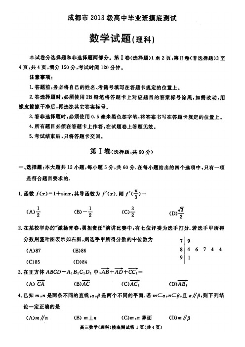 四川省成都市2016届高三上学期开学摸底测试(2013级高中毕业班)数学(理)试题 PDF版含答案
