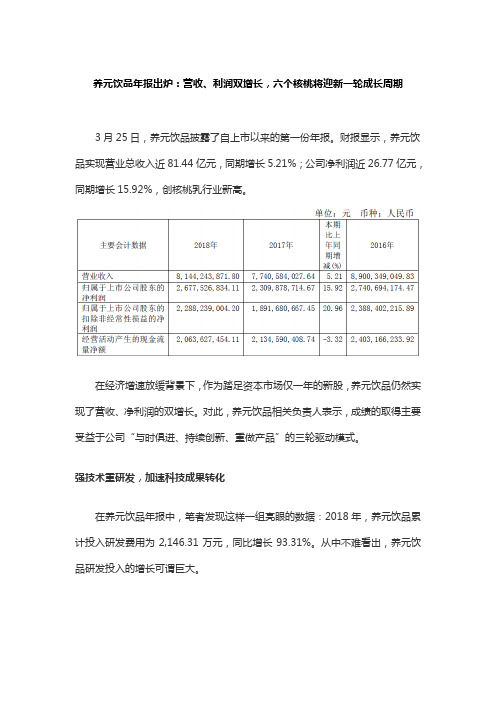 养元饮品年报出炉：营收、利润双增长,六个核桃将迎新一轮成长周期