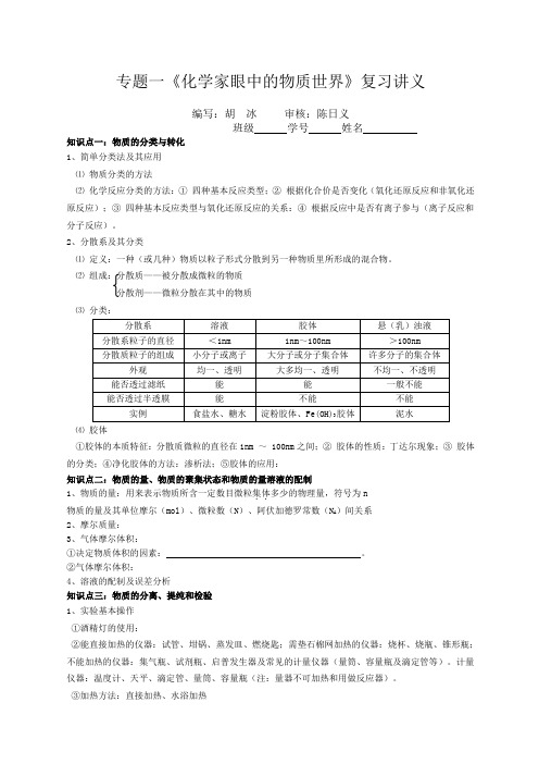 高中专题一化学家眼中的物质世界复习讲义教案