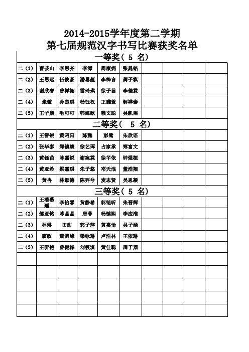 (二年级)第七届规范汉字书写比赛获奖名单