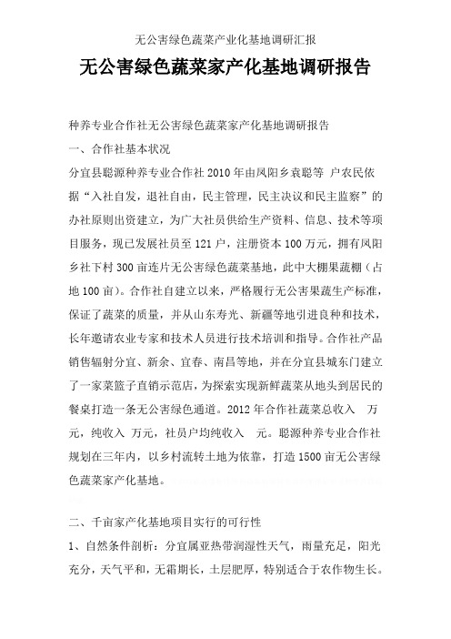 无公害绿色蔬菜产业化基地调研汇报