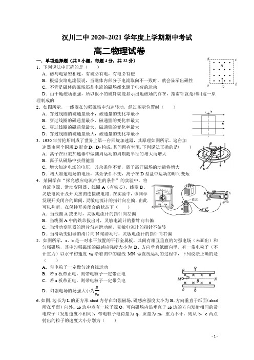 2020-2021学年湖北省汉川市第二中学高二上学期期中考试物理试题 word版