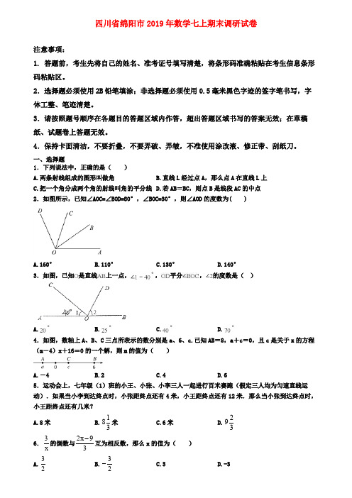 【名校名卷】四川省绵阳市2019年数学七上期末调研试卷