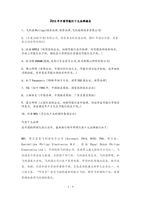 2012年中国节能灯十大品牌排名