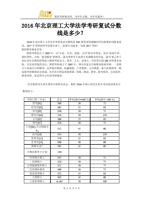 2016年北京理工大学法学考研复试分数线是多少？