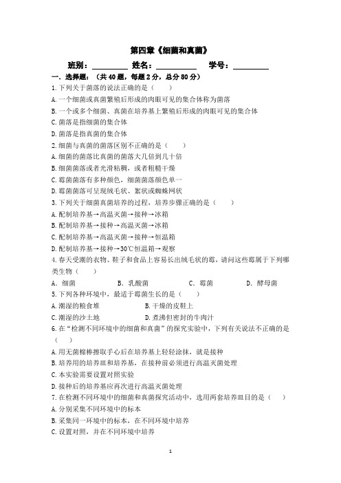 人教版生物八上5.4《细菌和真菌》测试卷及答案