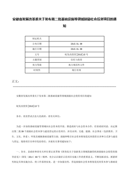 安徽省发展改革委关于发布第二批基础设施等领域鼓励社会投资项目的通知-皖发改投资[2015]15号