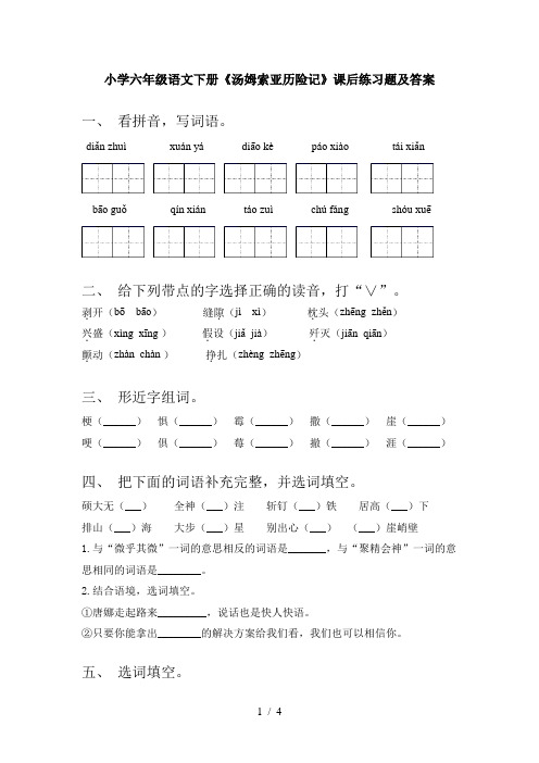 小学六年级语文下册《汤姆索亚历险记》课后练习题及答案