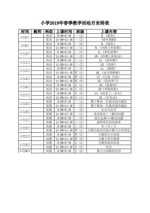 小学2019春季教学活动月安排、记录、论文