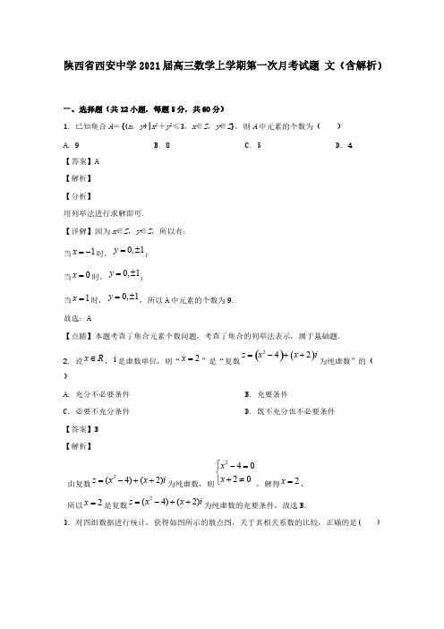 陕西省西安中学2021届高三数学上学期第一次月考试题文(含解析)