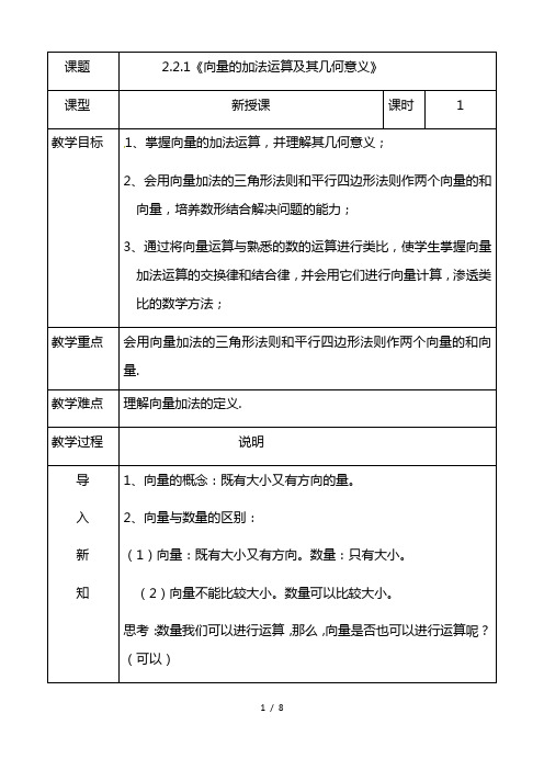 最新向量的加法运算及其几何意义-人教A版高中数学必修四教案