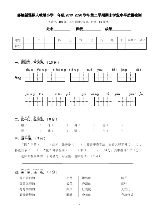 部编新课标人教版小学一年级2019-2020学年第二学期期末学业水平质量检测试卷(有参考答案)