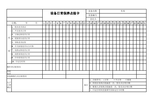 车床设备日常保养点检卡