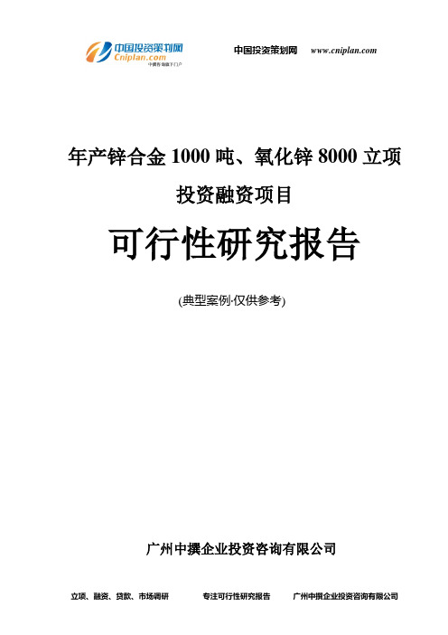 年产锌合金1000吨、氧化锌8000融资投资立项项目可行性研究报告(中撰咨询)