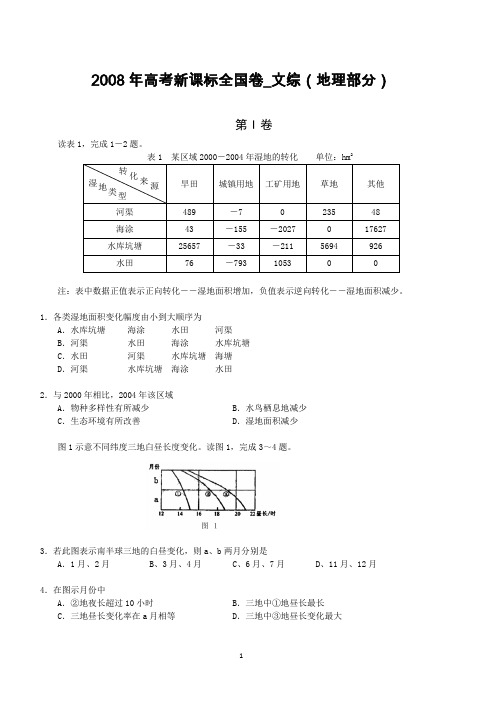 2008年高考——地理(新课标全国卷)