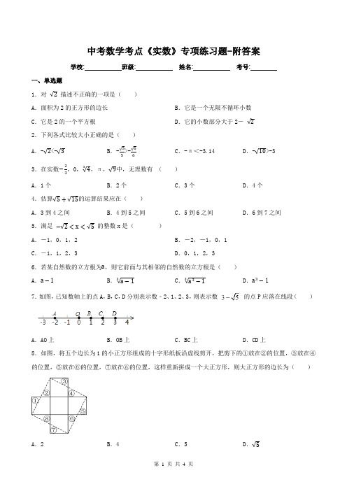 中考数学考点《实数》专项练习题-附答案