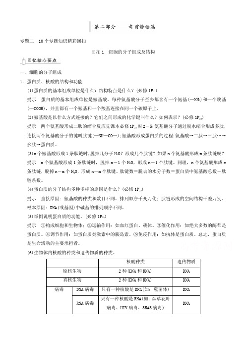 2015届高三生物二轮优化训练：10个专题知识精彩回扣1 细胞的分子组成及结构