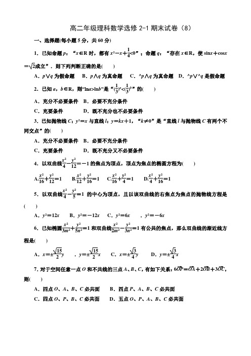 高二年级数学选修2-1模块测试试卷8