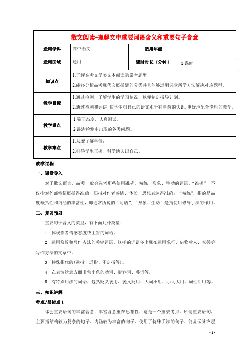 2019届高三语文二轮复习专题散文阅读_理解文中重要词语含义和重要句子含意教案新人教版