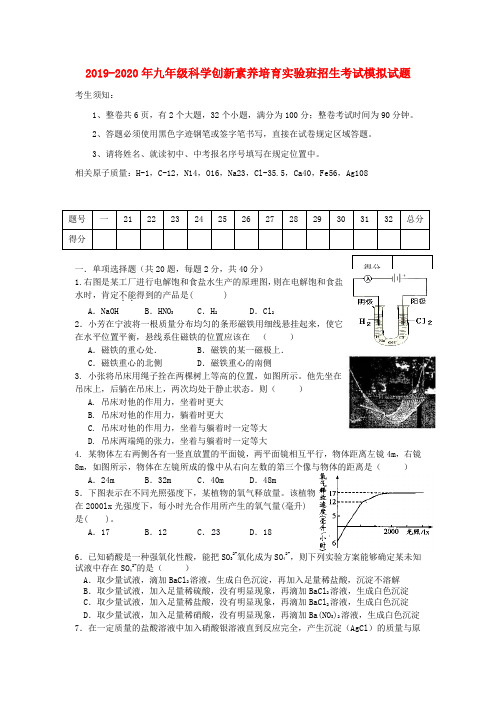 2019-2020年九年级科学创新素养培育实验班招生考试模拟试题