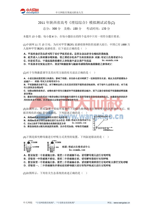 2011年陕西省高考《理综综合》模拟测试试卷(2)-中大网校