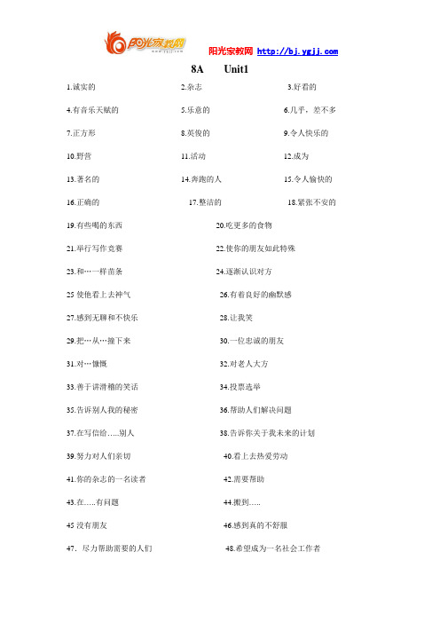 【强烈推荐】8AUnit1-6各单元单词,词组,句子默写材料