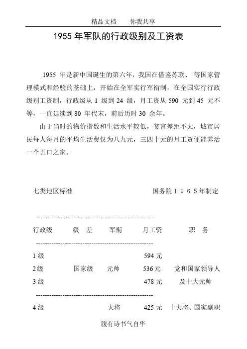 1955年军队的行政级别及工资表