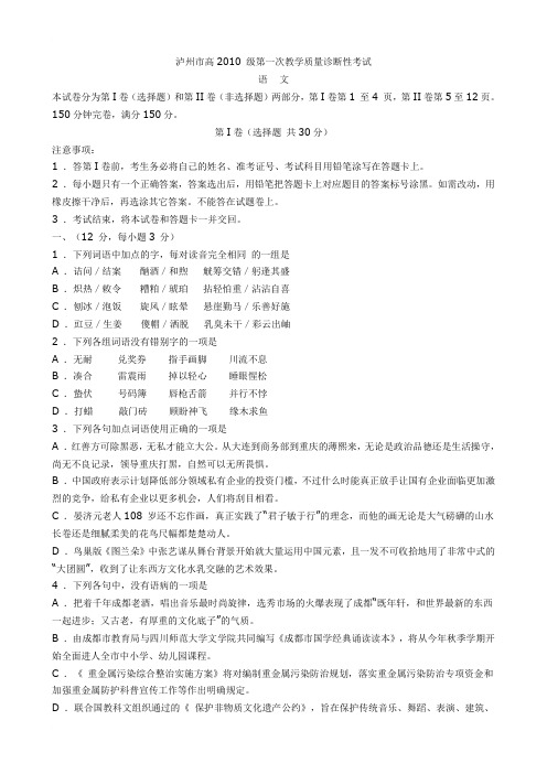 泸州市高2010 级第一次教学质量诊断性考试