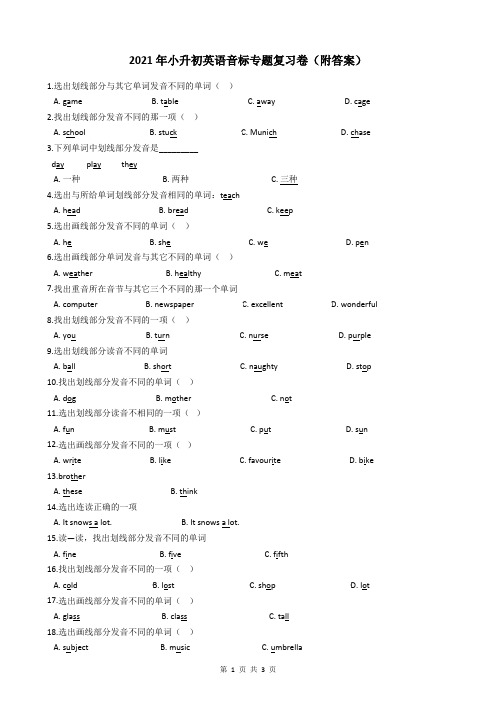 2021年小升初英语音标专题复习卷(附答案)