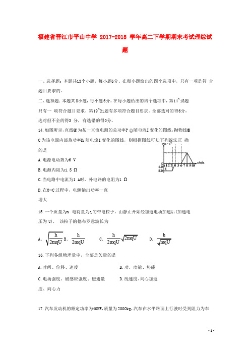 福建省晋江市平山中学高二物理下学期期末考试试题