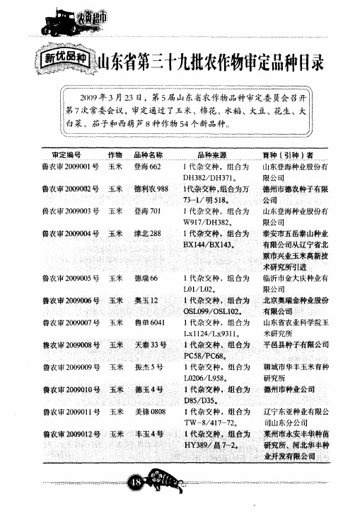 山东省第三十九批农作物审定品种目录