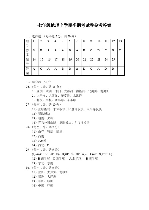 北城中学2010-----2011学年第一学期期中检测七年级地理试题答案