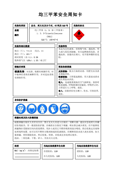 均三甲苯安全周知卡、职业危害告知卡、理化特性表