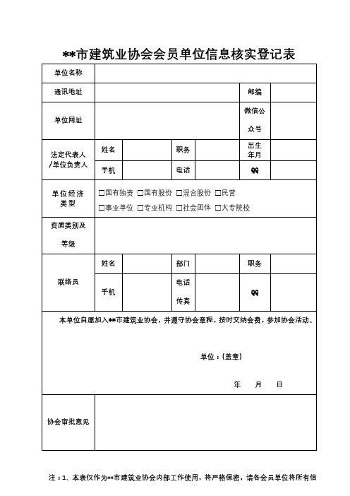 XX市建筑业协会会员单位信息核实登记表【模板】